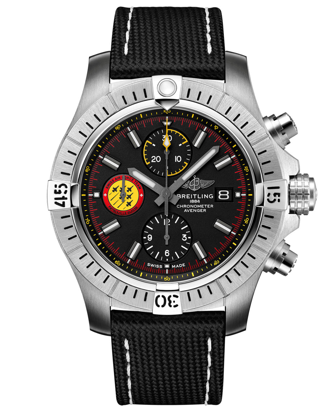 Breitling Breitling Avenger Chronograph 45 Swiss Air Force Team A133171A1B1X1  A133171A1B1X1 механические мужские часы черный циферблат, браслет кожаный — вид спереди