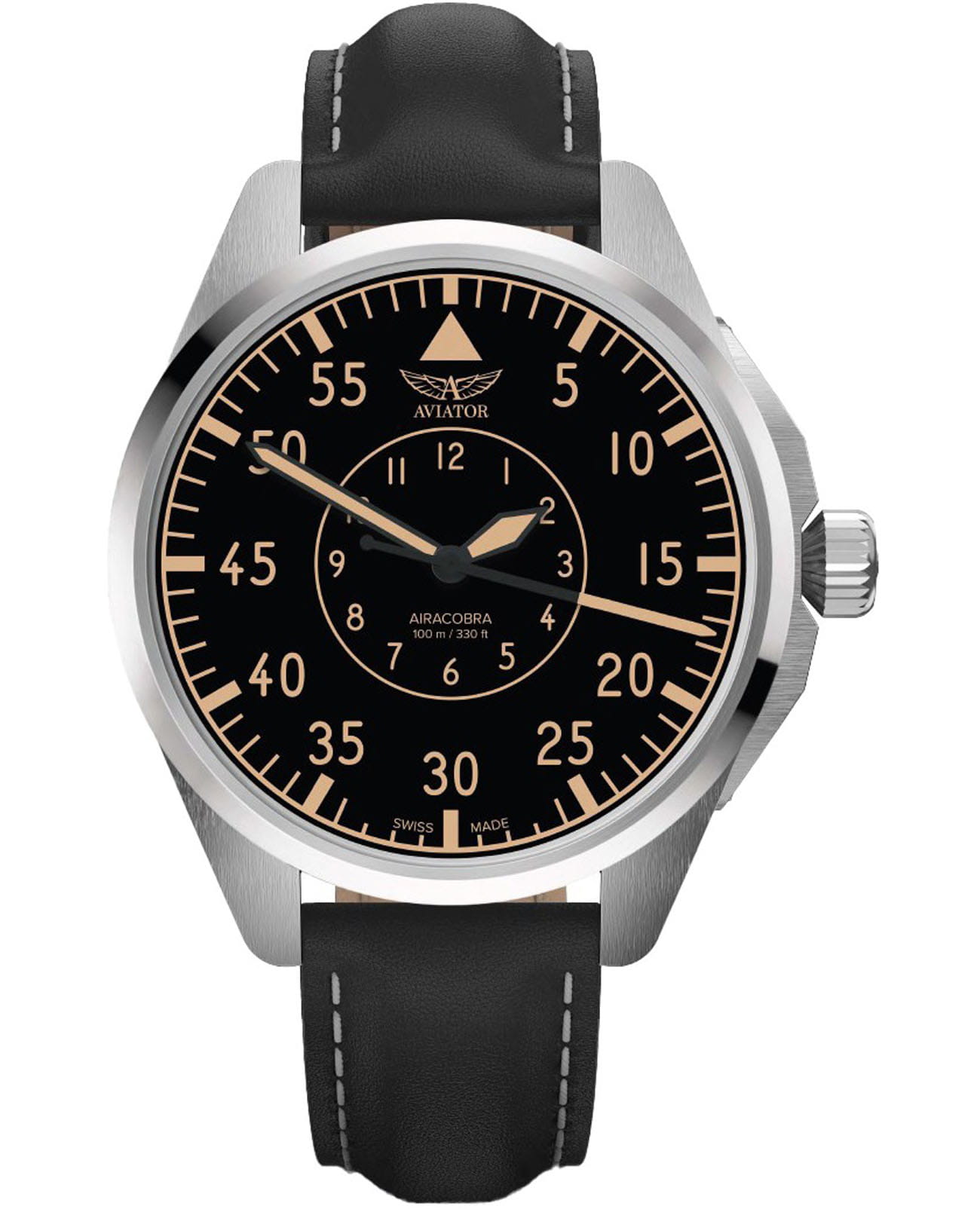 Aviator Aviator Airacobra V.3.39.0.341.4  V.3.39.0.341.4 механические мужские часы черный циферблат, браслет кожаный — вид спереди