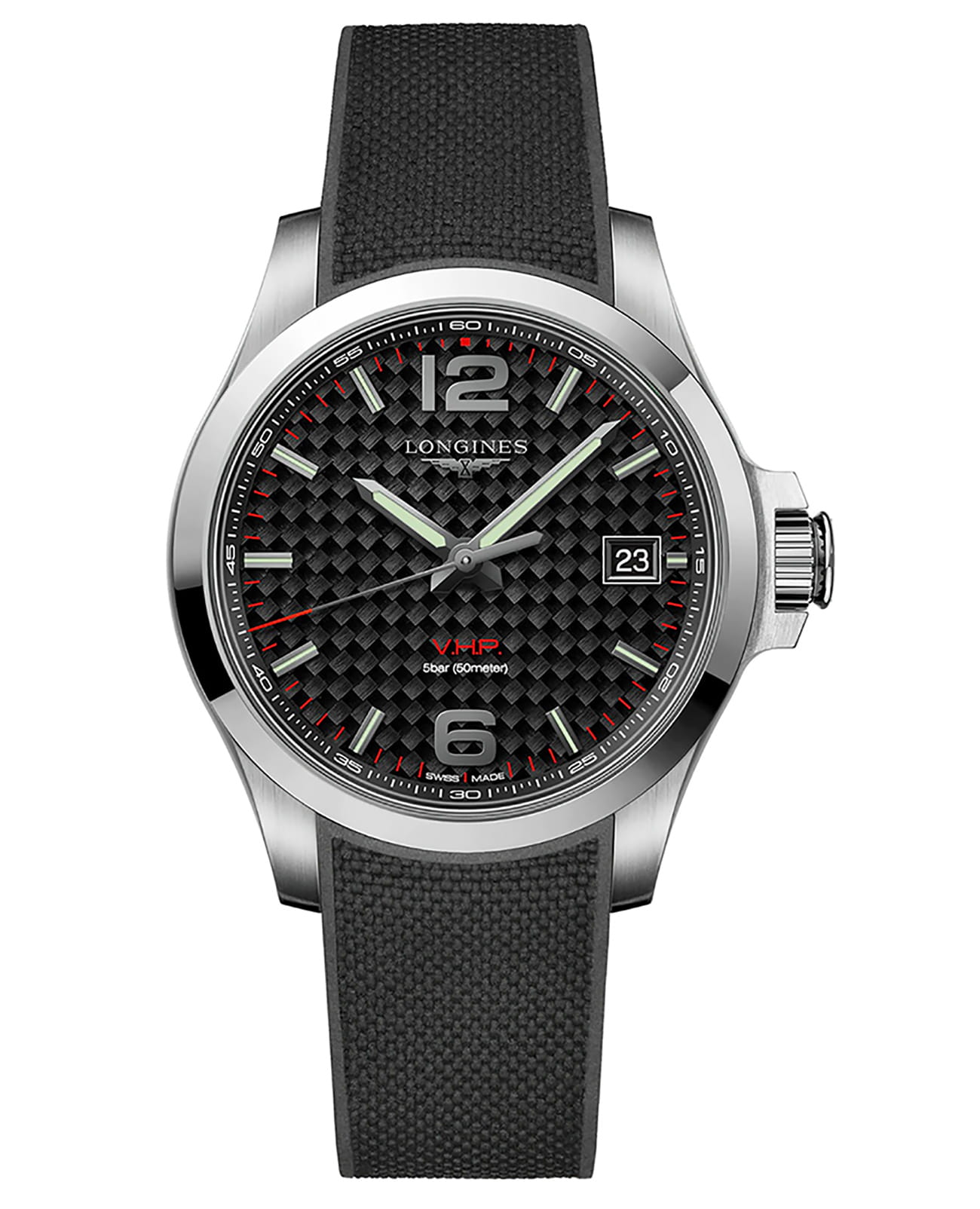 Longines Longines Conquest V.H.P.  L3.716.4.66.9  L37164669 кварцевые мужские часы черный циферблат, браслет каучук — вид спереди