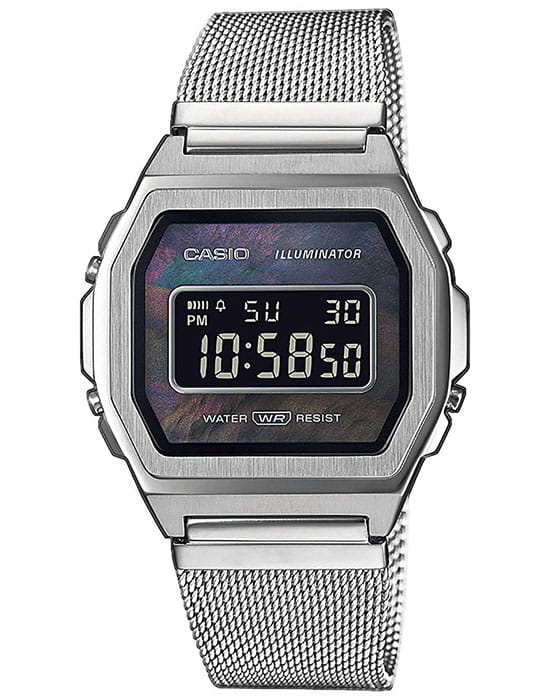 Casio Casio Collection A1000M-1B Retro A1000M-1BEF электронные мужские часы  циферблат, браслет нержавеющая сталь — вид спереди