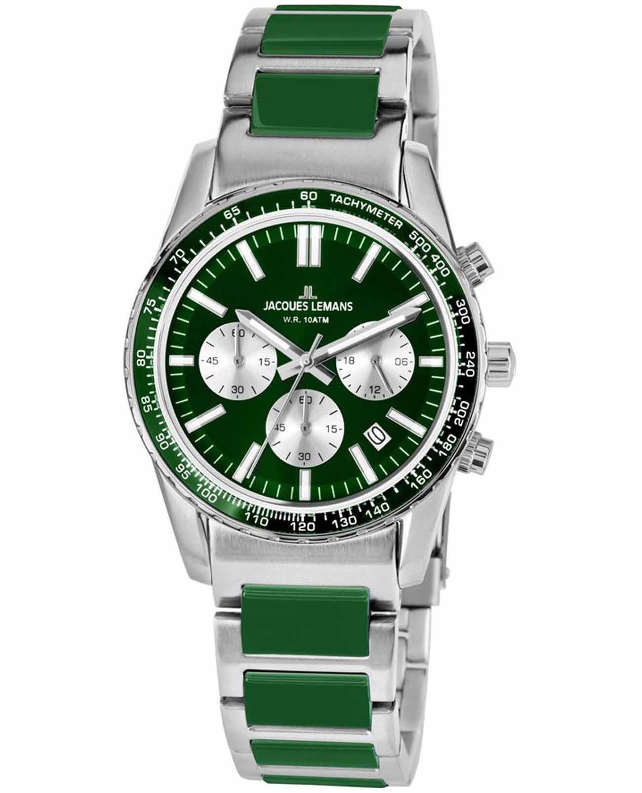 Jacques Lemans Jacques Lemans Liverpool 1-2059J  1-2059J кварцевые мужские часы зеленый циферблат, браслет сталь + пластик — вид спереди