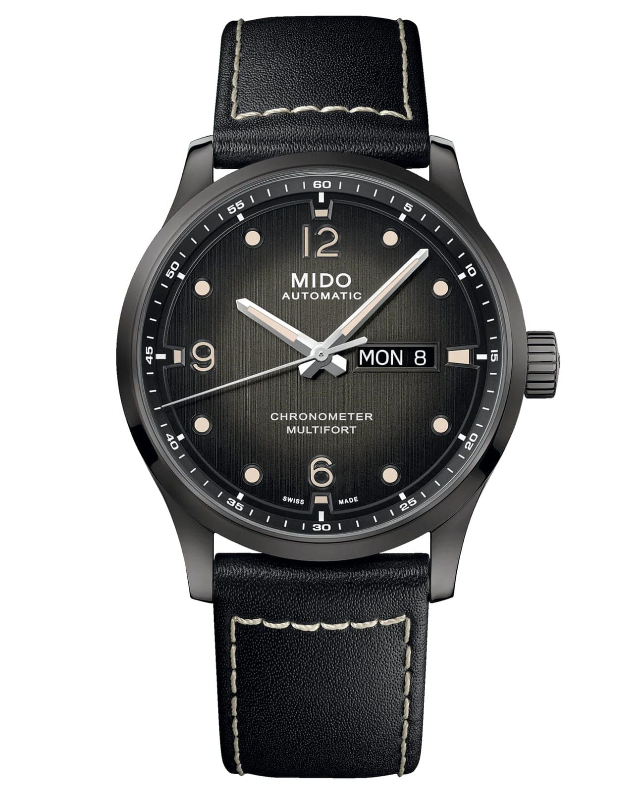 Mido Mido Multifort M Chronometer M038.431.36.057.00  M0384313605700 механические мужские часы черный циферблат, браслет кожаный — вид спереди