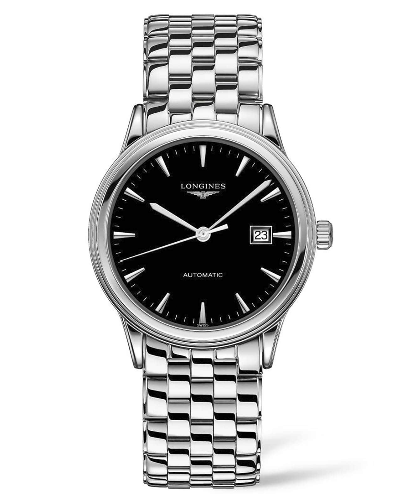 Longines Longines Flagship L4.984.4.52.6  L49844526 механические мужские часы черный циферблат, браслет нержавеющая сталь — вид спереди