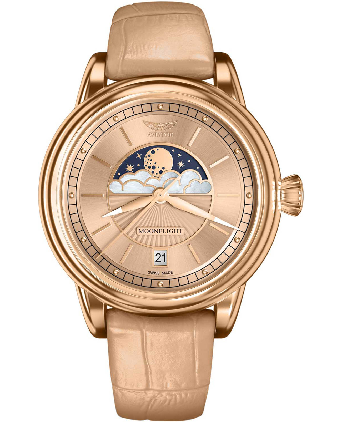 Aviator Aviator Douglas MoonFlight V.1.33.2.260.4  V.1.33.2.260.4 кварцевые женские часы бежевый циферблат, браслет кожаный — вид спереди