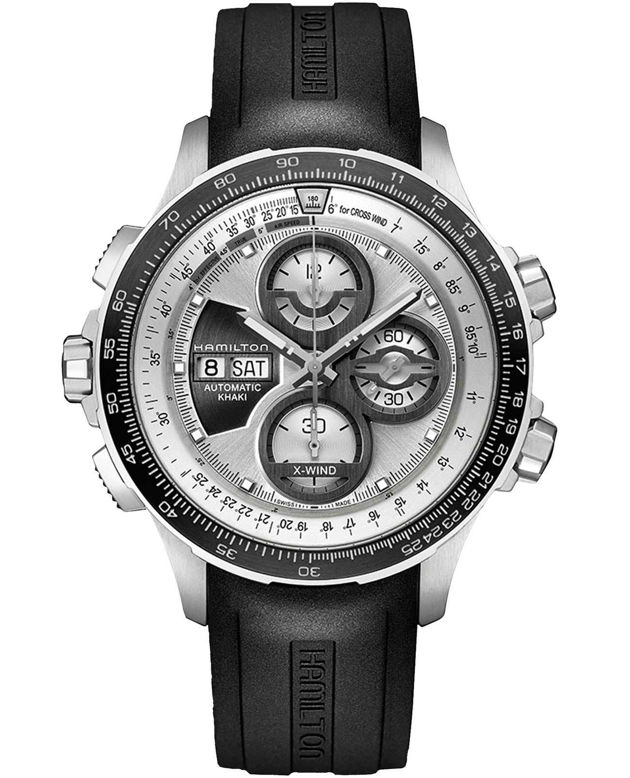 Hamilton Hamilton Khaki Aviation X-Wind Auto Chrono H77726351  H77726351 механические мужские часы серебристый циферблат, браслет каучук — вид спереди