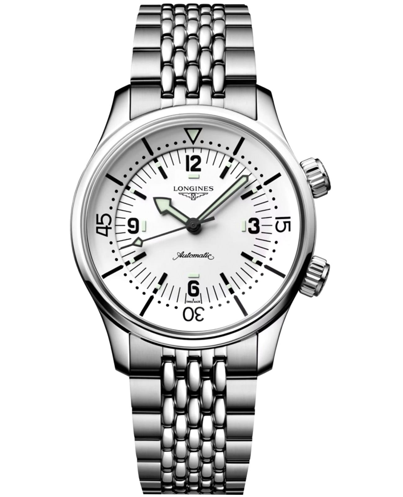 Longines Longines Legend Diver L3.764.4.16.6   L37644166 механические мужские часы белый циферблат, браслет нержавеющая сталь — вид спереди