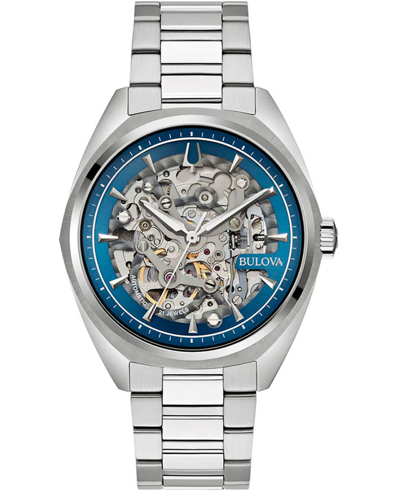 Bulova Bulova Automatic 96A292  96A292 механические мужские часы голубой циферблат, браслет нержавеющая сталь — вид спереди