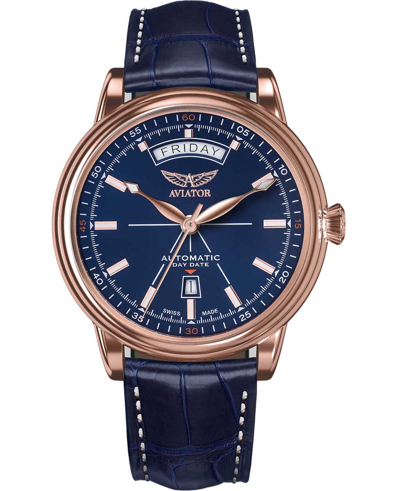 Aviator Aviator Douglas Day-Date V.3.20.2.225.4  V.3.20.2.225.4 механические мужские часы синий циферблат, браслет кожаный — вид спереди