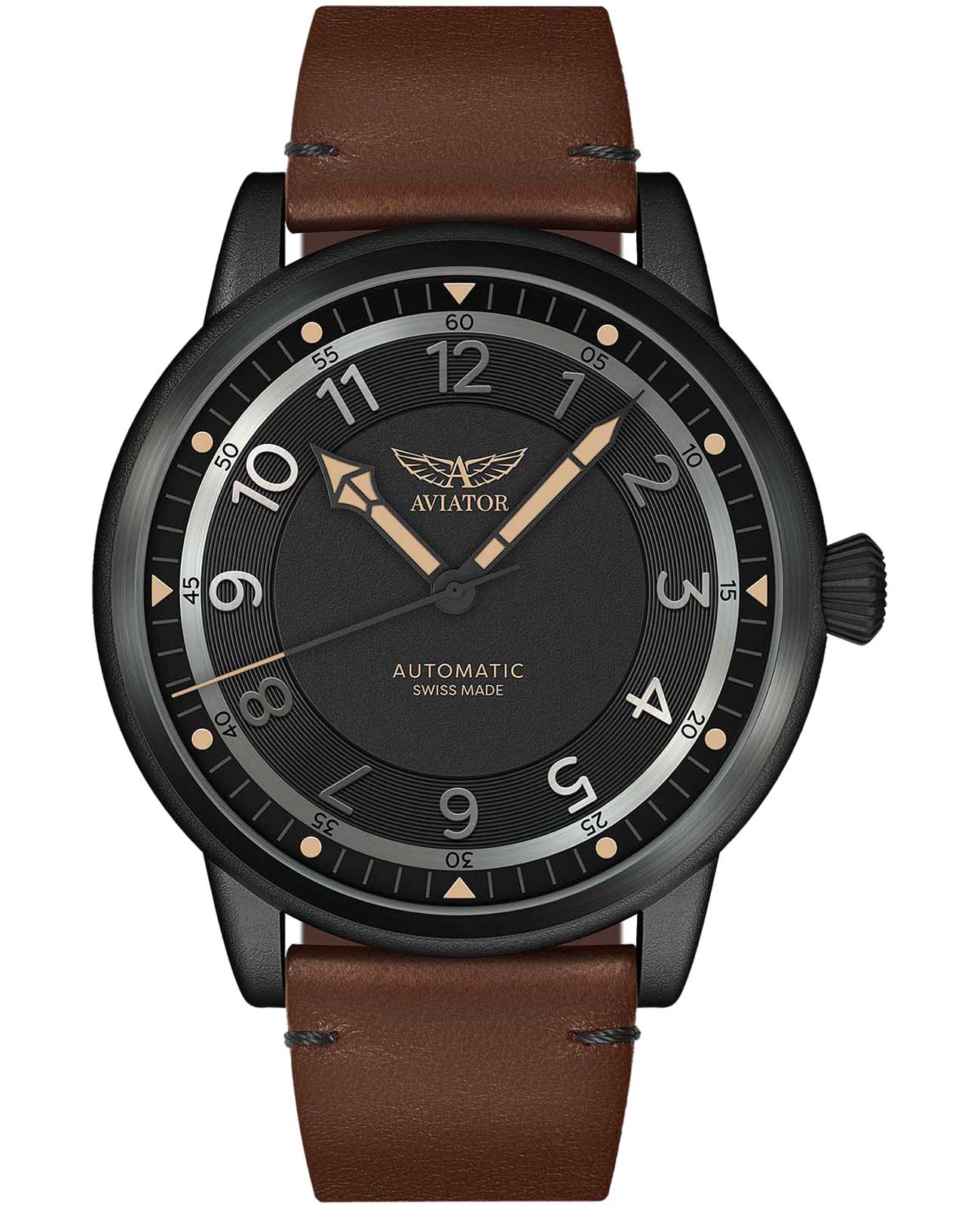 Aviator Aviator Douglas Dakota V.3.31.5.228.4  V.3.31.5.228.4 механические мужские часы черный циферблат, браслет кожаный — вид спереди