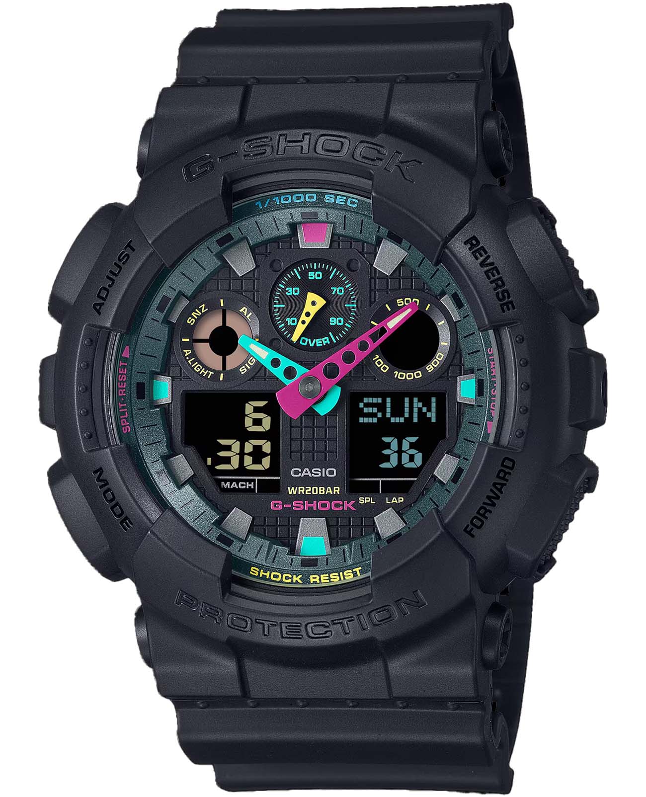 Casio Casio G-Shock GA-100MF-1ADR (GA-100MF-1A) GA-100 GA-100MF-1A электронные мужские часы черный циферблат, браслет пластик — вид спереди