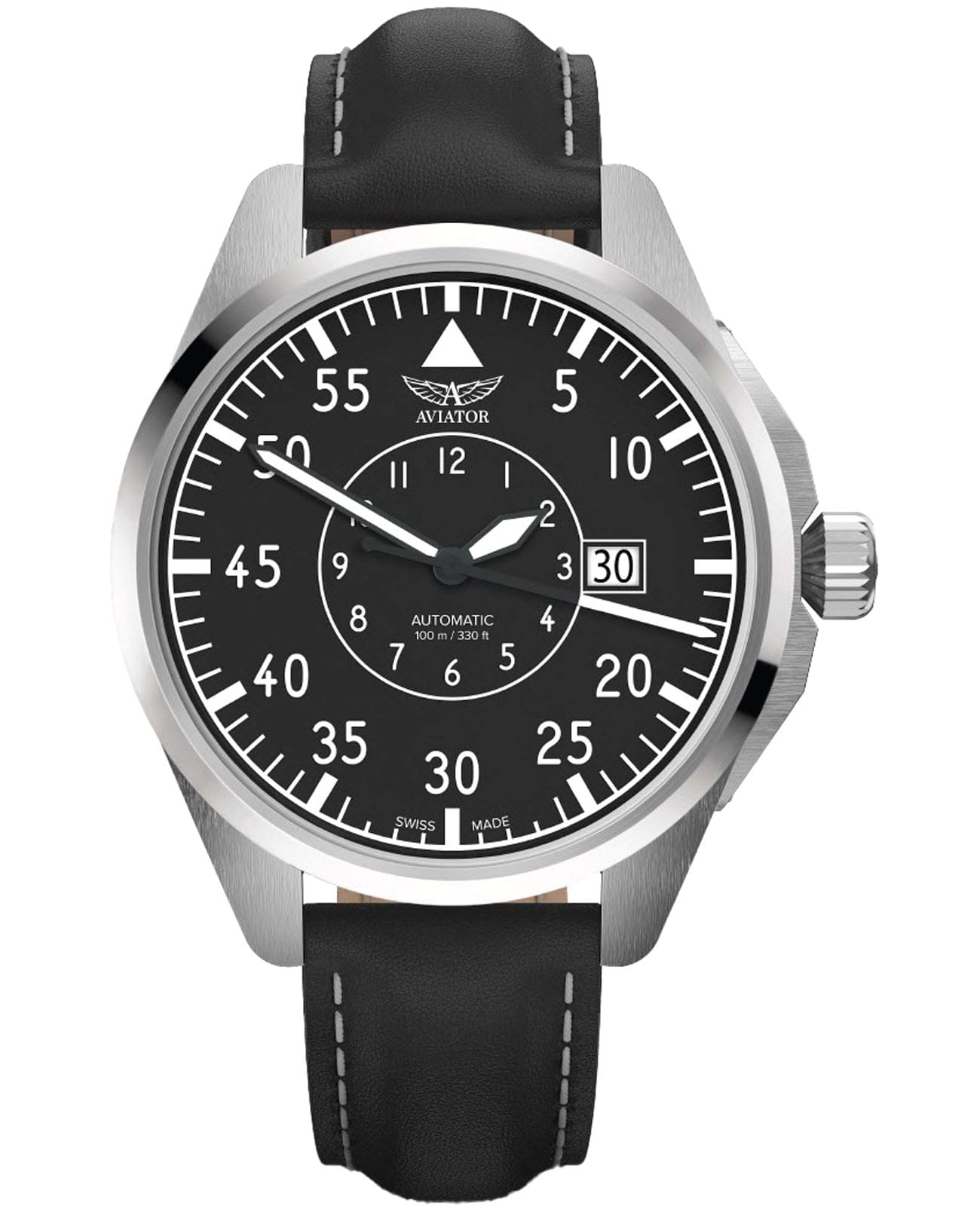 Aviator Aviator Airacobra V.3.39.0.340.4  V.3.39.0.340.4 механические мужские часы черный циферблат, браслет кожаный — вид спереди