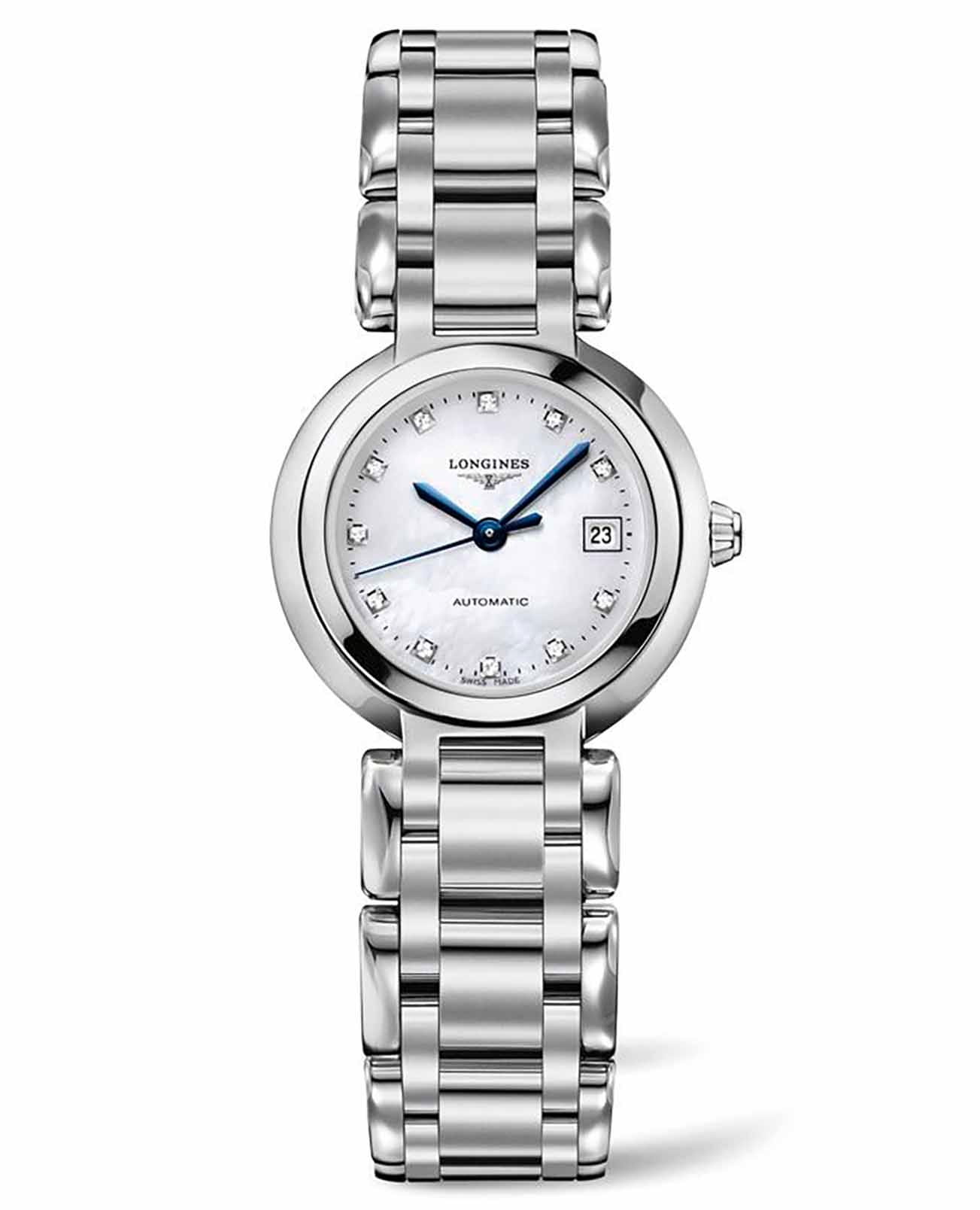 Longines Longines PrimaLuna L8.111.4.87.6  L81114876 механические женские часы серебристый циферблат, браслет нержавеющая сталь — вид спереди
