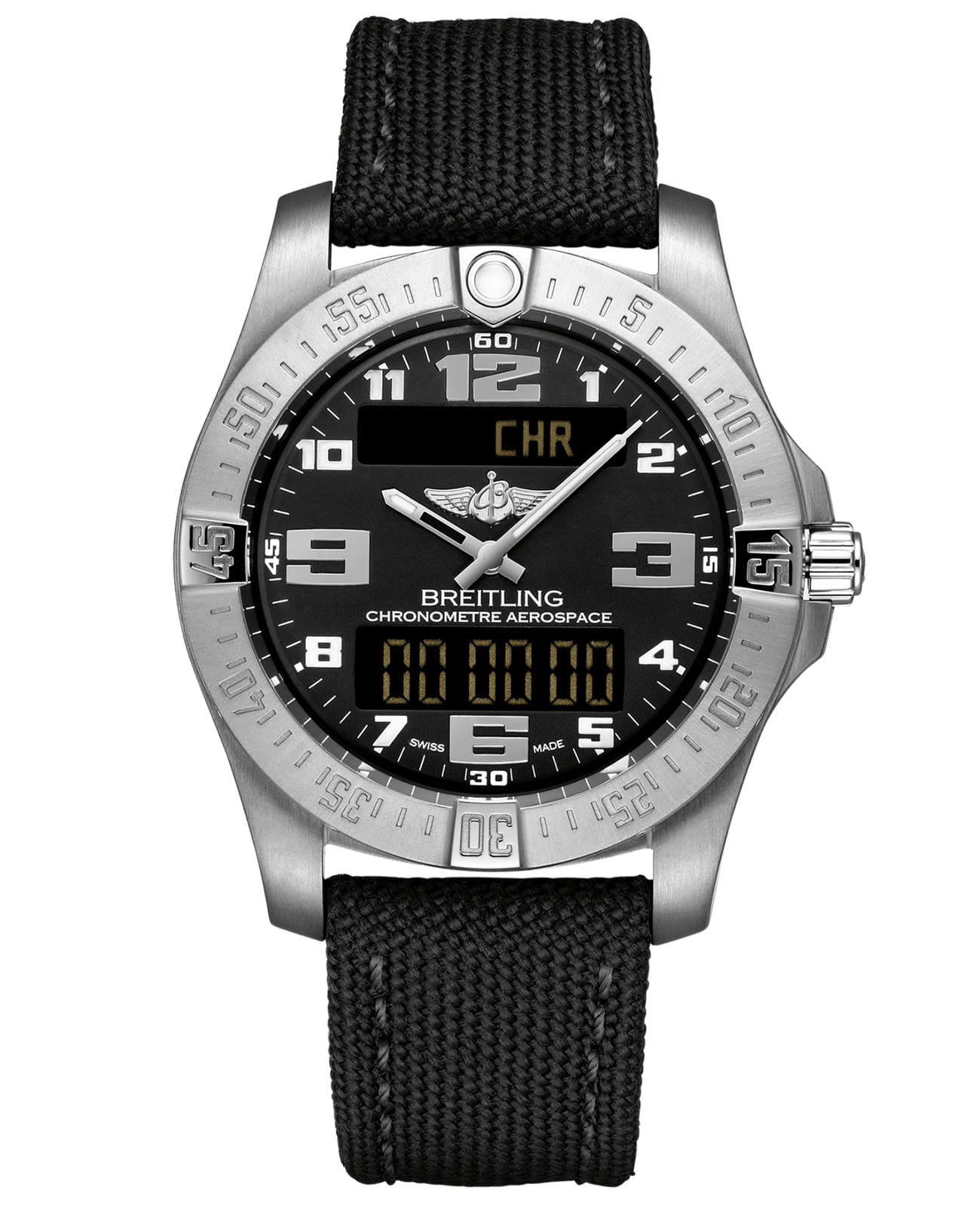 Breitling Breitling Aerospace EVO E79363101B1W1  E79363101B1W1 кварцевые мужские часы черный циферблат, браслет полиамидная ткань — вид спереди